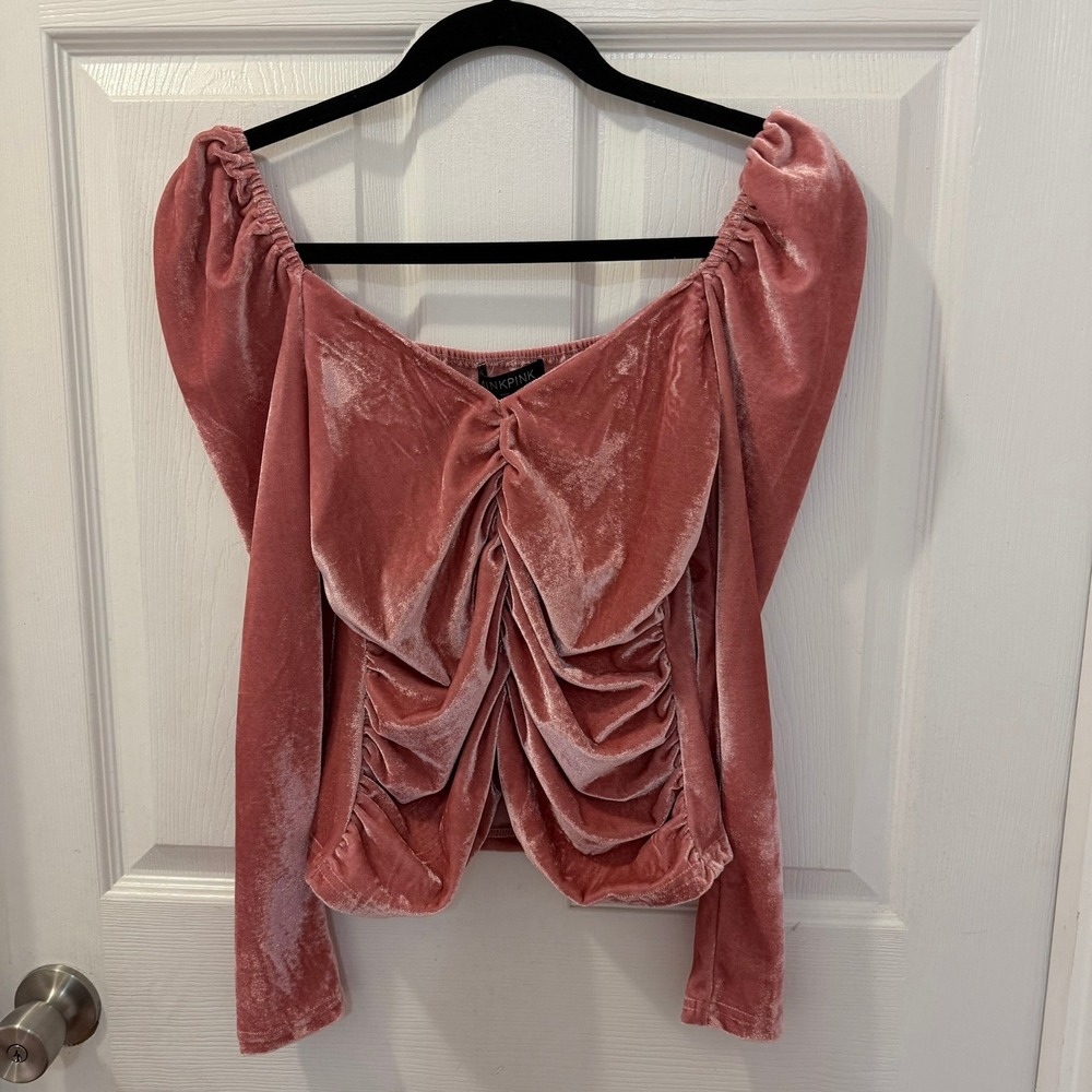 NEW MINKPINK x Revolve Medium Mekness Ruched Top Blush Pink Velvet Puff Sleeve